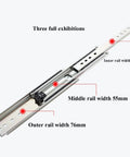 Heavy Duty Three Section Ball Bearing Drawer Slides With Locking Side Mount Cabinet Runners showing detailed rail widths.
