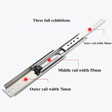 Heavy Duty Three Section Ball Bearing Drawer Slides With Locking Side Mount Cabinet Runners showing detailed rail widths.
