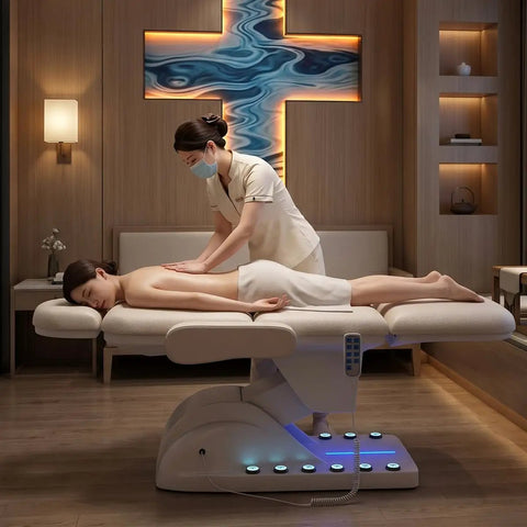 Professional Fully Electric Facial Massage Table With Lift For Estheticians, Dual Control in use during a massage session.