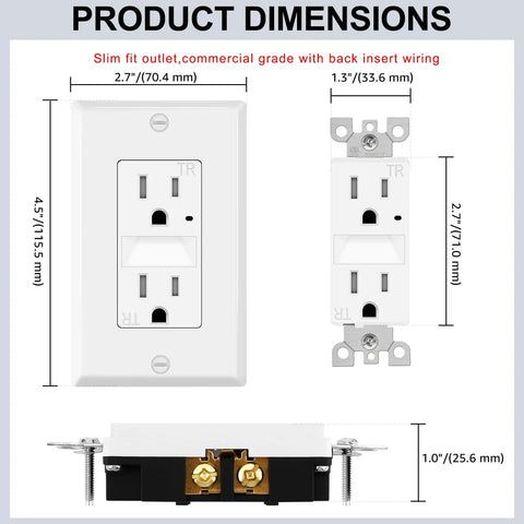 Slick White Decora Outlet With Night Light 6 Pack 15 Amp Tamper Resistant Wall Insert dimensions showing sizes and design details.