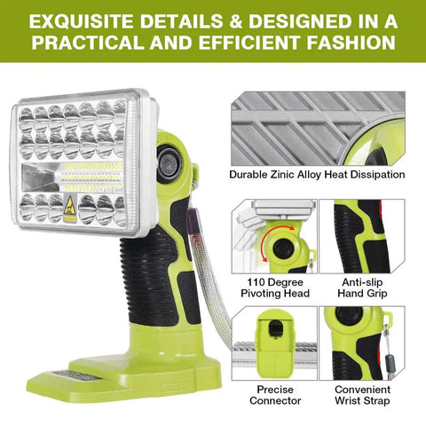 Cordless Spotlight LED Work Light Compatible With Ryobi 18V Battery 18W High Brightness 900 To 2000 Lumens showing pivoting head and grip