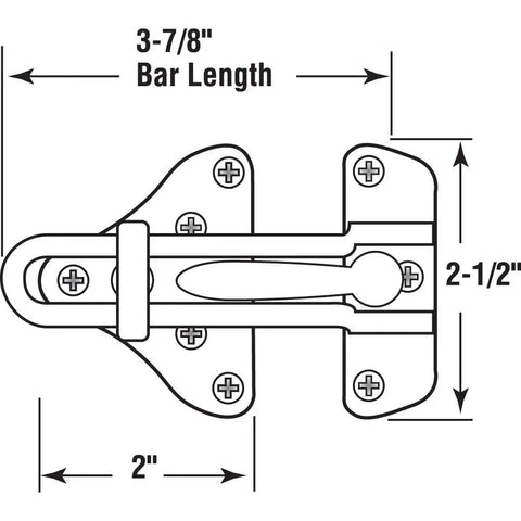 Diagram of Swing Bar Door Guard With High Security Auxiliary Lock Satin Nickel Finish dimensions 3-7/8" bar length and 2-1/2" height