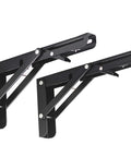 Black Powder Coated Folding Shelf Brackets 10 Inch Heavy Duty Metal Collapsible Shelf Brackets For Bench Table And Wall Mount Space Saving DIY Hinge Max Load 260 Lb 2 Pack, shown unfolded.