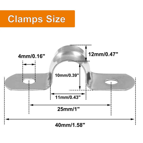 Dimensions of M10 Rigid Pipe Strap Kit 60 Pcs Stainless Steel Two Hole U Brackets Clamps for Conduit and Cable Management