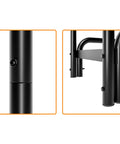 Close-up of black detachable round tube firewood rack log holder for indoor and outdoor fireplaces, connection details