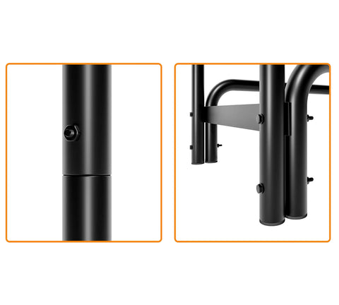 Close-up of black detachable round tube firewood rack log holder for indoor and outdoor fireplaces, connection details