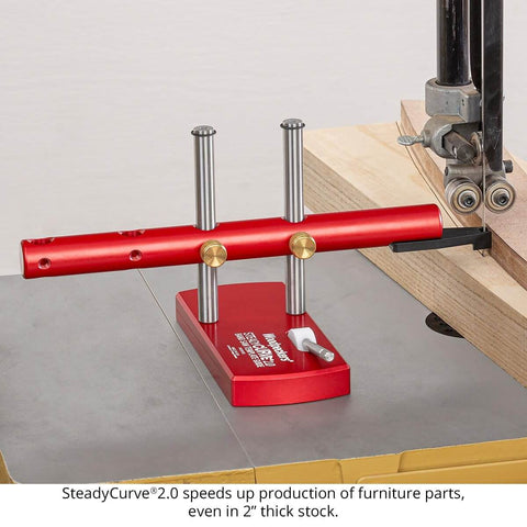 SteadyCurve 2.0 Band Saw Template Guide With Magnetic Base And Adjustable Blade Offset installed on band saw table.