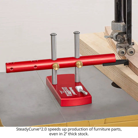 Replacement Pattern Follower Tips For Half Inch Band Saw Template Guide installed on a bandsaw with wood, offering precise tracking.