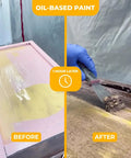 Heavy Duty Paint Varnish Remover Gel Strips Epoxy And Wood Stains From Furniture And Decks Fast With A No Sweat Soy Based Formula That Does The Heavy Lifting Without Harmful Fumes Left Behind Now before and after image showing oil-based paint removal from wood.
