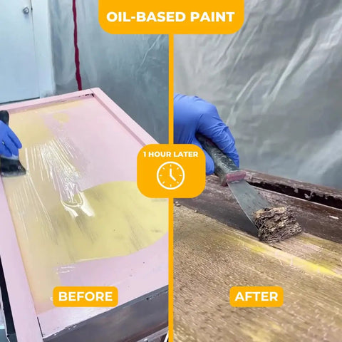 Heavy Duty Paint Varnish Remover Gel Strips Epoxy And Wood Stains From Furniture And Decks Fast With A No Sweat Soy Based Formula That Does The Heavy Lifting Without Harmful Fumes Left Behind Now before and after image showing oil-based paint removal from wood.