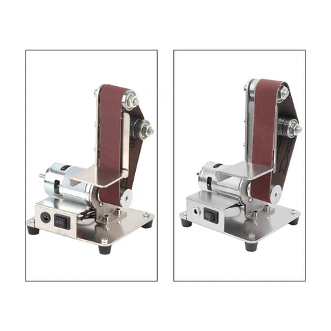 Compact And Versatile Mini Electric Belt Sander Machine For Desktop Use Features Stainless Steel Construction, versatile design for grinding.
