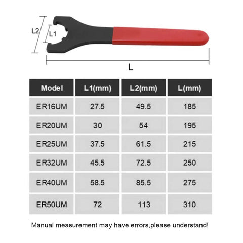 Premium ER16UM ER20UM ER25UM ER32UM ER40UM ER50UM Collet Wrench Nut Set dimensions with L1 and L2 measurements for tool holders.