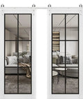 Heavy Duty Double Barn Door With Clear Glass And Stainless Steel Rail Set, 84 By 96 Inch Interior Doors, modern farmhouse look