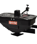 Zero Turn Mower Electric Spreader With 125 Lb Rustproof Poly Hopper, black design, for spreading grass seed and fertilizer, made in USA.
