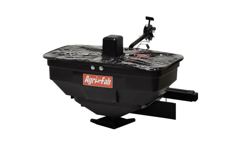 Zero Turn Mower Electric Spreader With 125 Lb Rustproof Poly Hopper, black design, for spreading grass seed and fertilizer, made in USA.