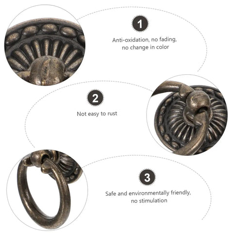Vintage Retro Old School Cabinet Pull Handles 12pc Set In Antique Alloy Round Ring Drawer Knobs; anti-rust, aged bronze detail