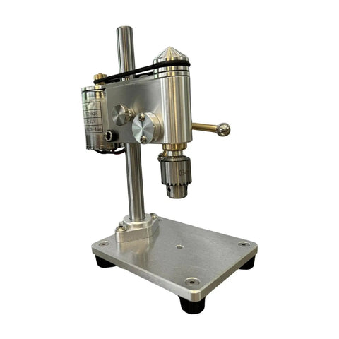 Mini Bench Drill Press With Vibration Free Station And Metal Construction in silver, showing precise chuck mechanism and compact design.