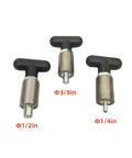 Set of three Heavy Duty Spring Loaded Pull Pins in 3/8 inch, 1/2 inch, and 1/4 inch sizes with black T handle knobs.