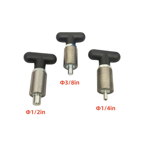 Set of three Heavy Duty Spring Loaded Pull Pins in 3/8 inch, 1/2 inch, and 1/4 inch sizes with black T handle knobs.