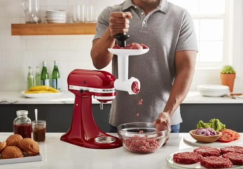 Person using Stand Mixer Food Grinder Attachment for KitchenAid Style Mixers, Coarse and Fine Grinding Settings, Perfect for Ground Meat.