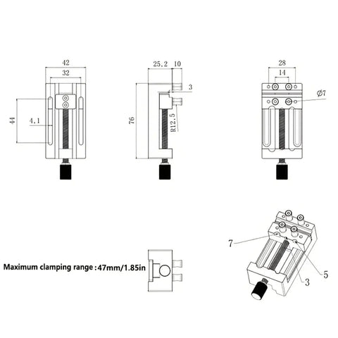 Super Cool Mini Drill Press Vise With Rubber Soft Jaws For Aluminum Alloy Woodworking Projects dimensions and design schematic.