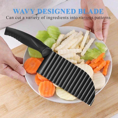 Front view of black handheld stainless steel crinkle potato cutter with wavy blade