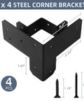 4 Pack 3 Way Workbench Corner Brackets Kit For 4x4 And 2x4 Wood Heavy Duty DIY Workbench Hardware With Screws, black steel bracket close-up with screws.