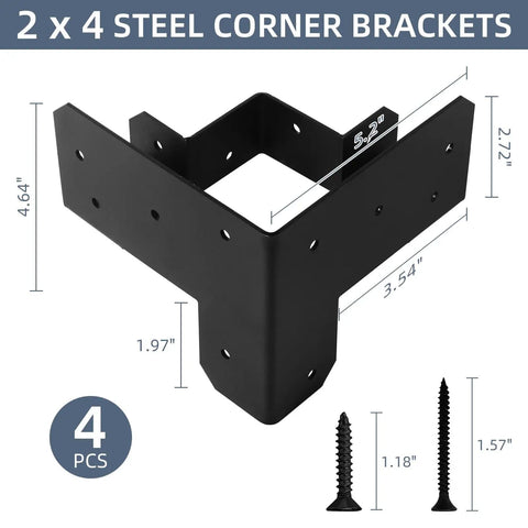 4 Pack 3 Way Workbench Corner Brackets Kit For 4x4 And 2x4 Wood Heavy Duty DIY Workbench Hardware With Screws, black steel bracket close-up with screws.
