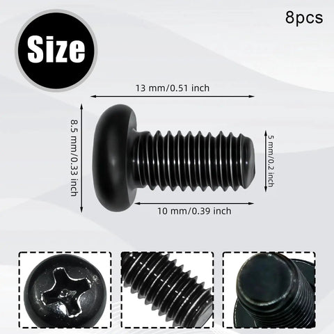 Black Zinc Coated M5 0.8 x 10mm Stainless Steel Phillips Pan Head License Plate Screws Eight Pack Anti Rust For Front And Rear Plates On Model 3 Model Y BMW 3 Series 5 Series And More shown with dimensions and details