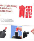 100 Pack Precision Eyelash Glue Bottle Nozzle Pins Anti Clog Plastic Tips Fits Standard Cosmetic Bottles Straight Up, displayed with red tips.
