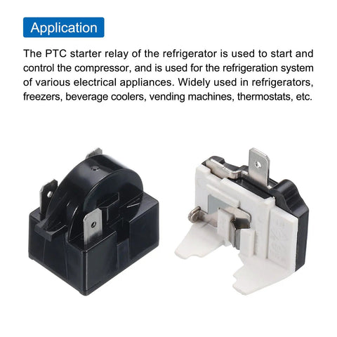 Refrigerator PTC Starter Relay With 3 Pin 4.7 Ohm Overload Protector, 1/2 HP, shown in detail with application description