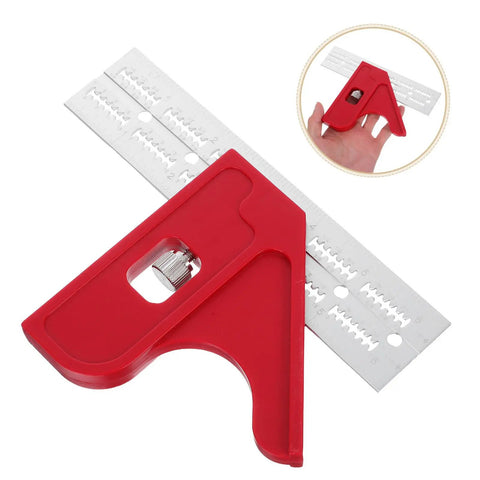 Close-up of Handy Edge Ruler Protractor For Woodworking And Metalworking, high precision angle measurement tool with red handle