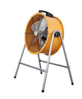 Heavy Duty Industrial Floor Fan With Adjustable Tilt Stand And Raw Power Motor Crushes Shop Heat Delivering Blasting High Velocity Airflow To Keep Workspaces Crisp And Shop Ready Before You Know It, shown on a metal frame.