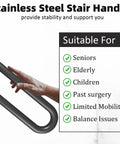 Boss Grade Rock Solid Wall Mount Hand Rail No Sweat Grip U Shape Safety Grab Bar For Indoor Outside Porch Steps Garage Entryway 16 Inch Durable Steel Stair Handle with hand holding steel bar.