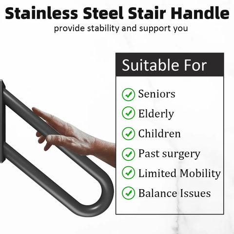 Boss Grade Rock Solid Wall Mount Hand Rail No Sweat Grip U Shape Safety Grab Bar For Indoor Outside Porch Steps Garage Entryway 16 Inch Durable Steel Stair Handle with hand holding steel bar.