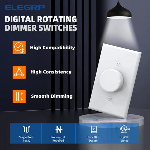 Digital Rotary Dimmer Switch For Dimmable LED, CFL, And Incandescent Bulbs, Single Pole Or 3-Way Setup, Wall Plate Included, UL Listed, Matte White, 1 Pack