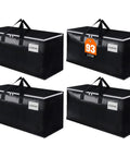 Four black extra large moving bags with zipper and sturdy handles, 93L capacity, foldable for moving, storage, camping, and travel.