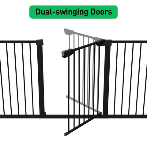 Walk Through Baby Gate With Auto Close And Tension, white metal safety gate for stairs and doorways, dual-swinging doors feature