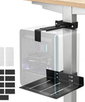 Hella Secure Under Desk PC Mount Clamp On Computer Tower Stand For Standing Desk No Drill Heavy Duty Rack with black metal clamp and non-slip pads.