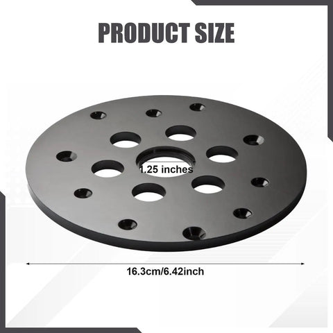 Universal Guide Bushing Router Template Plate 6.42 Inch Diameter With 1.25 Inch Center Hole Durable Polypropylene Construction with mounting holes.