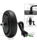 Front view of a 6.5-inch black road tire mounted on a hub motor wheel with wiring harness