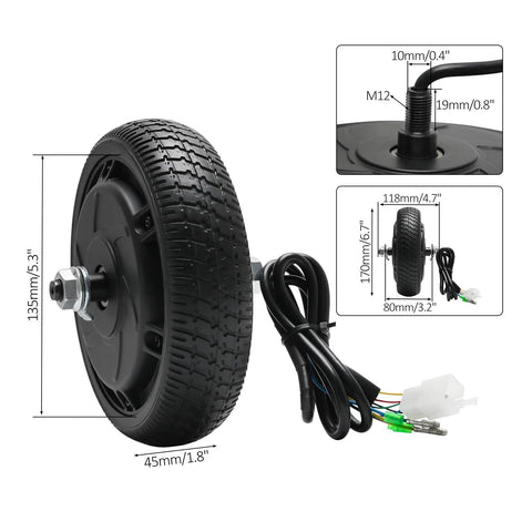 Front view of a 6.5-inch black road tire mounted on a hub motor wheel with wiring harness