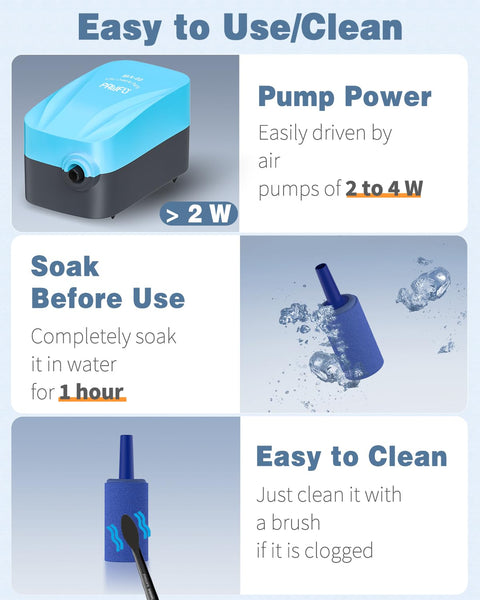Air Stone Aquarium 1 Inch Cylinder Bubble Diffuser instructions with pump power, soaking, and cleaning guides.