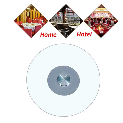 Lazy Susan Turntable Bearing 60cm to 120cm Sizes, 10mm Tempered Glass Plate, displayed with home and hotel settings