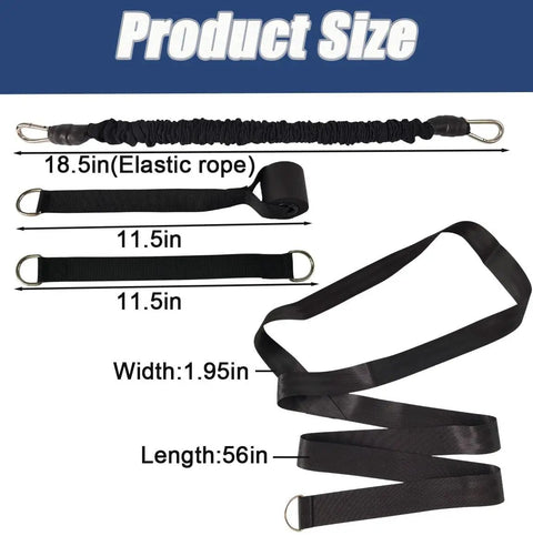 Game Changing Golf Swing Rotation Trainer dimensions including elastic rope and straps for improving swing accuracy and consistency.
