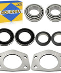 2 Piece Axle Bearing And Seal Kit With Drum Brake For Jeep Wrangler Wagoneer CJ TJ XJ J10 Dana 44 Rear 1997 Through 2006 Replacement OEM Style Premium Aftermarket Parts displayed with packaging and components.