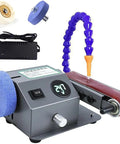 Tough As Nails 350W Wet And Dry Bench Sander With Rock Solid Steel Frame showing motor, belt, and adjustable water pipe setup.