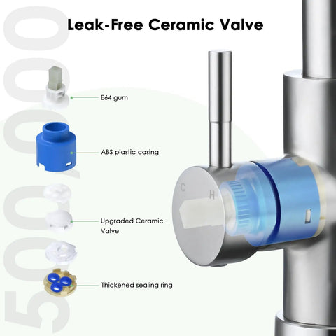 Premium Stainless Steel Pull Down Kitchen Faucet With Three Mode Spray Head parts, showing leak-free ceramic valve components.