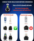 White T5 74 LED Bulb Dash Lights With PC74 Twist Socket Dimmable For Car Instrument Panel Maps And Dome Lighting Ultra Bright 100lm 12V Long Lasting Lighting Upgrade size guide comparing T5 PC74 small 5mm vs T10 PC194 large 10mm