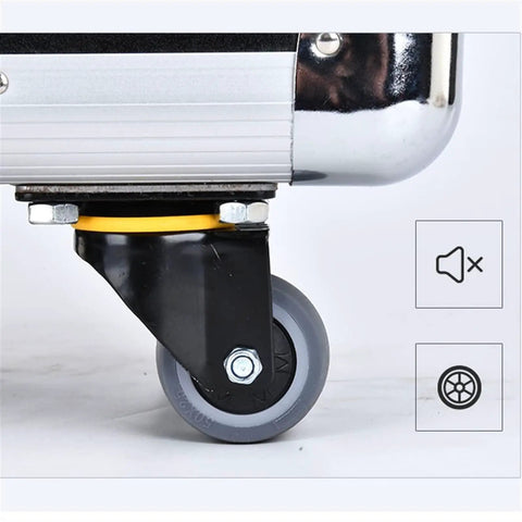 Close-up of a Heavy Duty Rolling Tool Box With Wheels And Telescoping Handle For Easy Transport Portable Storage Chest wheel detail.